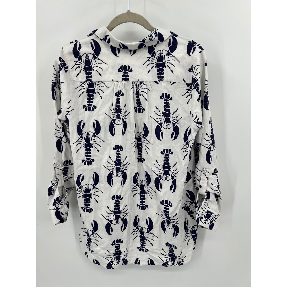 Sigrid Olsen Womens Linen Lobster Print Tunic Top‎ White Navy Blue Roll Tab Med - Picture 7 of 11